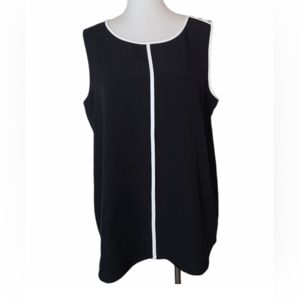 🆕 Calvin Klein CK Women's Sleeveless Black White Piping Trim Blouse Top L 12-14 - Picture 2 of 16